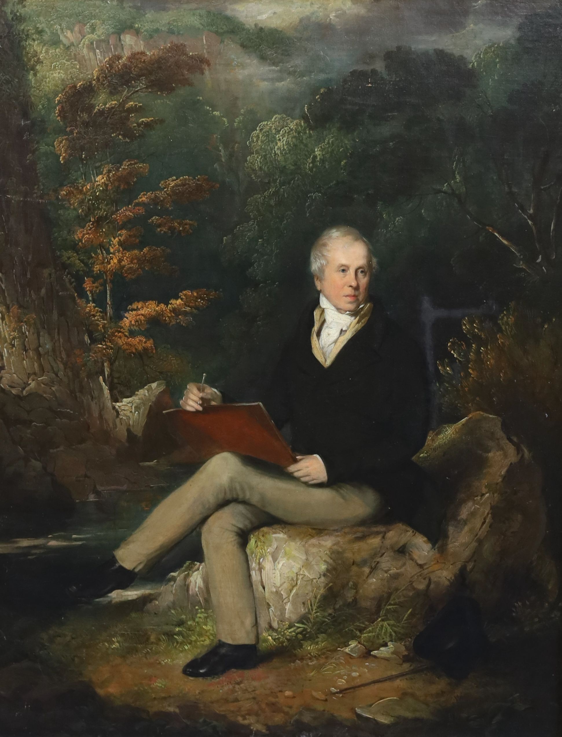 Alfred Frick (19th C.), Full length portrait of a gentleman seated in a landscape, sketching in a notebook, the sitter is possibly Charles Turner (1774-1857), an engraver and draughtsman, oil on canvas, 64 x 49cm